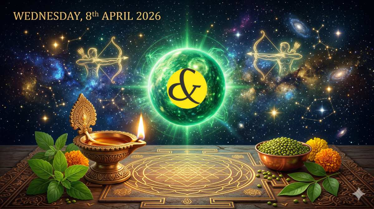 Glowing emerald-green Mercury and Sagittarius Archer symbol representing the astrological Wednesday Horoscope and Panchang for 08 April 2026.