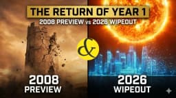 A split graphic showing a collapsing house of cards on the left labeled "2008" and a burning digital illusion on the right labeled "2026," with a large glowing Sun in the center representing the Universal Year 1.