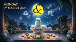 Glowing crescent moon and Shivling astrological theme representing the Monday Horoscope for 09 March 2026.