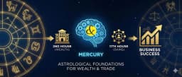 An infographic showing the astrological chart with the 2nd, 7th, 10th, and 11th houses highlighted in gold, representing the "Business Wealth Formula."