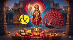 Divine illustration of Lord Kartikeya with his peacock and traditional Puja offerings for the Skanda Sashti Vrat on 24 March 2026.