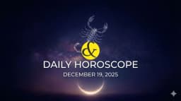 A "Cosmic Dashboard" graphic for December 19, 2025, displaying the New Moon symbol (Amavasya), the Scorpio symbol for Jyeshtha Nakshatra, and a red warning block for Rahu Kaal.