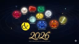 An infographic displaying the 9 Vedic Gemstones (Navratna) arranged in a circle, with the year "2026" in the center, highlighting Yellow Sapphire and Blue Sapphire as key stones for the year.
