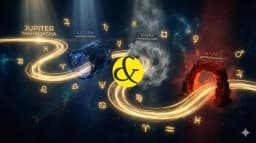 A visually striking timeline concept showing the 16-year Jupiter Mahadasha path. The path starts with golden light (Jupiter) and passes through different "planetary zones"—a dark disciplined zone for Saturn, a smoky chaotic zone for Rahu, and a fiery zone