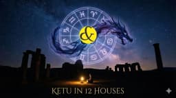 An astrological diagram showing the 12 houses of a horoscope with the symbol of Ketu placed in the 12th house, radiating spiritual light and detachment.