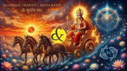 Lord Surya transitioning into the Pisces zodiac sign in his chariot, symbolizing Meen Sankranti and the beginning of the sacred Kharmas month in Vedic astrology.