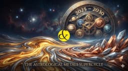 An astrological financial chart showing a rising graph line made of Gold and Silver, set against a background of Saturn and Neptune aligning, symbolizing the 2025-2030 metals boom.