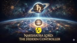 An astrological diagram showing a planet sitting inside a glowing constellation (Nakshatra), with strings attaching it to a ruling planet, symbolizing control and influence.