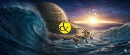 Saturn and Neptune planets colliding at 0 degrees Aries, symbolizing the 2026 Global Reset.