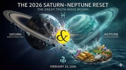 An astrological illustration of Saturn and Neptune colliding in the cosmic ocean of Pisces, with a background of dissolving binary code revealing gold and earth beneath, symbolizing the 2026 Truth Wave.