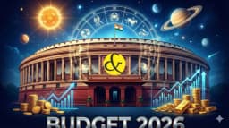 Red Budget Briefcase with Astrological symbols representing Union Budget 2026 predictions.