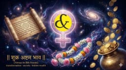 Glowing pink Venus surrounded by symbols of hidden wealth, spirituality, and marriage, representing the effects of Venus in the 8th House in Vedic astrology.