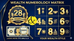 A digital graphic showing a golden "28" surrounded by images of Elon Musk and Bill Gates, with a currency note below displaying the serial number "8888", symbolizing wealth numerology.