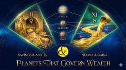 An astrological diagram showing a treasure chest in the 2nd House and a flowing river of gold in the 11th House, symbolizing the difference between savings and income.