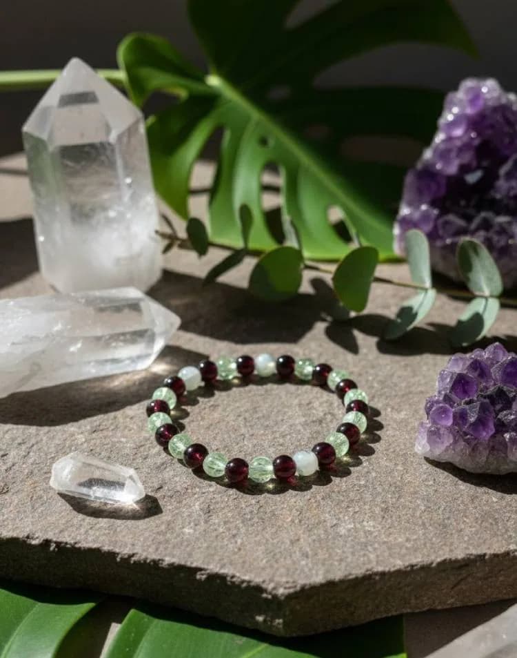 Garnet and Prehnite Stone Bracelet with Moonstone