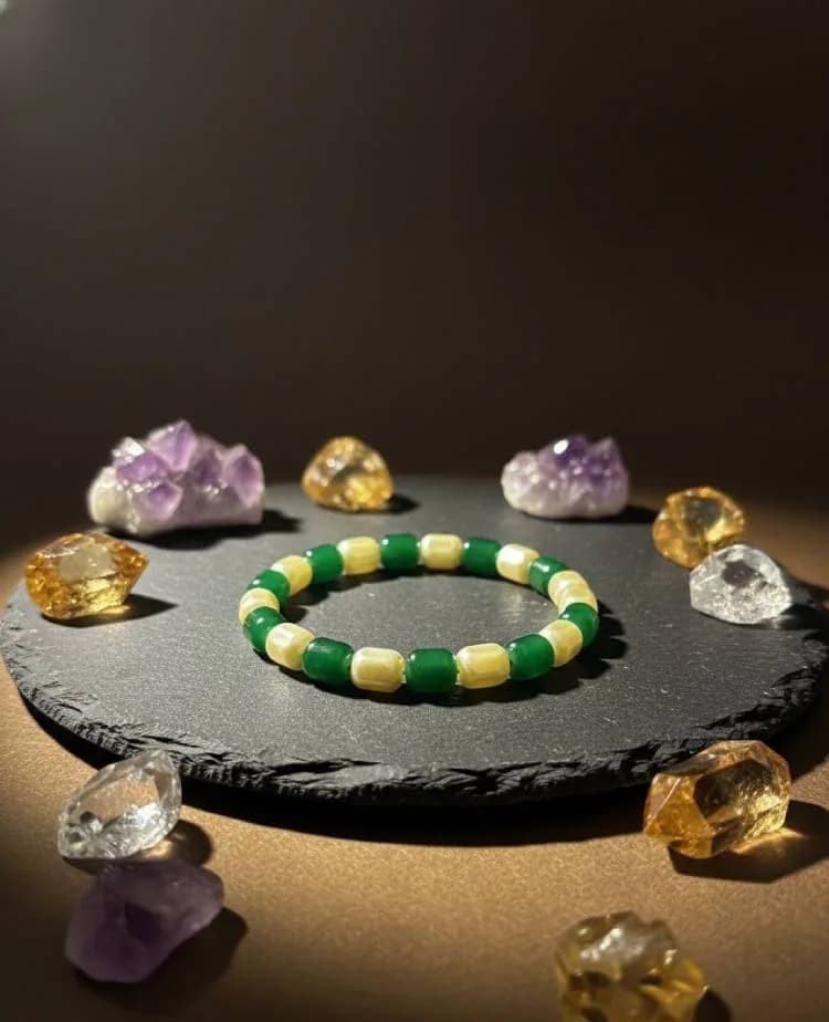 Green Jade and Yellow Agate Bracelet surrounded by Amethyst and Citrine crystals.