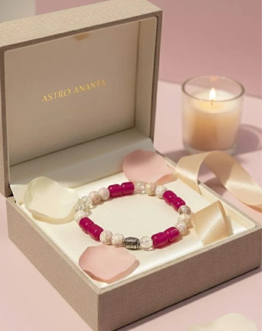 Passionate Healing Fusion Bracelet in Astro Ananta box with candle and rose petals.