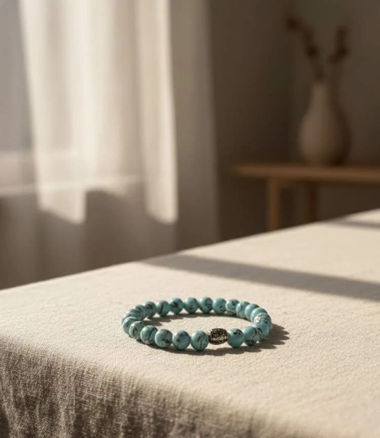 A blue-green Turquoise beaded bracelet with a silver Om charm bead resting on a beige linen tablecloth, with soft sunlight in the background.