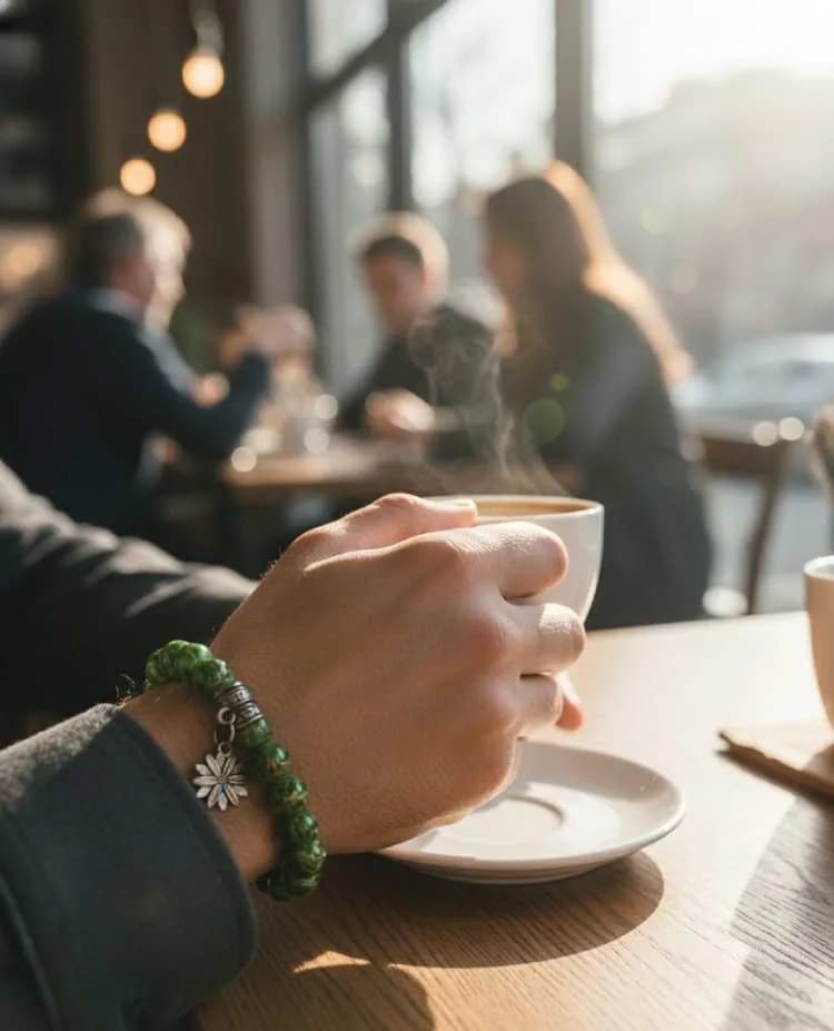A person holding a coffee cup in a sunlit cafe, wearing a mottled green Jasper beaded bracelet with a silver flower charm.