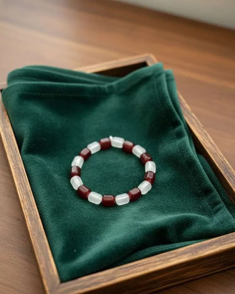 A bracelet with alternating dark red Carnelian and white Agate barrel-shaped beads, resting on a green velvet cloth inside a wooden box.