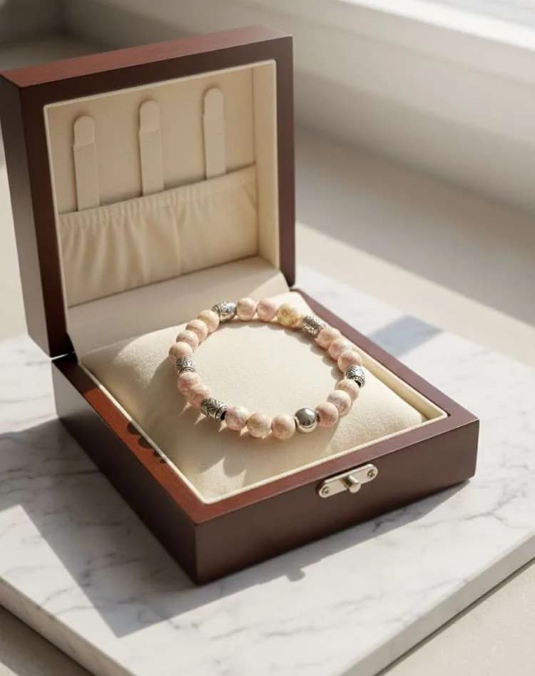 A pale pink/peach Sunstone beaded bracelet with silver patterned spacers, displayed in an open wooden jewelry box resting on a marble surface.