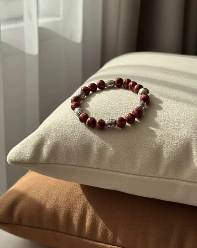 A deep red Jasper beaded bracelet with antique silver patterned spacers, resting on a white cushion in a sunlit room.
