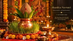 Kalash Sthapana setup with coconut, mango leaves, barley sprouts and Akhand Jyoti for Shardiya Navratri on 11 October 2026.