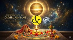 Glowing golden Jupiter and traditional Durga Ashtami Puja setup representing the astrological Thursday Horoscope and Panchang for 26 March 2026.