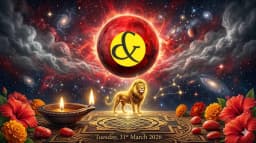 Glowing red Mars and the golden Leo Lion symbol representing the astrological Tuesday Horoscope and Panchang for 31 March 2026.