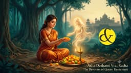 | A serene illustration of Queen Damayanti performing Puja |