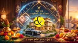 Glowing Vedic Kundali surrounded by a modern house and luxury car, representing the 4th house of material comforts in astrology.