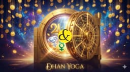 Golden vault and planetary symbols representing Dhan Yoga and Wealth Astrology.