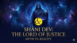 A mystical illustration of Shani Dev (Saturn) holding a sword of justice and scales, standing with a lowered gaze in a deep blue cosmic aura, symbolizing fair judgment and karma.
