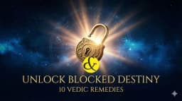 A mystical golden padlock floating in deep cosmic space, half-open and emitting light, symbolizing the unlocking of blocked destiny and success through Vedic remedies.