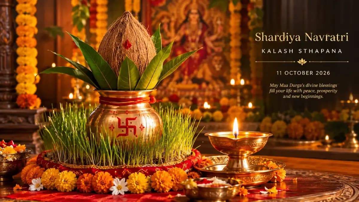 Kalash Sthapana setup with coconut, mango leaves, barley sprouts and Akhand Jyoti for Shardiya Navratri on 11 October 2026.
