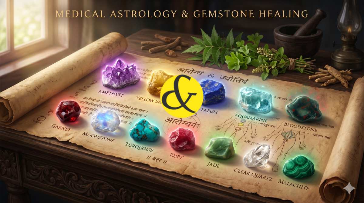 | 12 vibrant healing astrological gemstones glowing on an    |