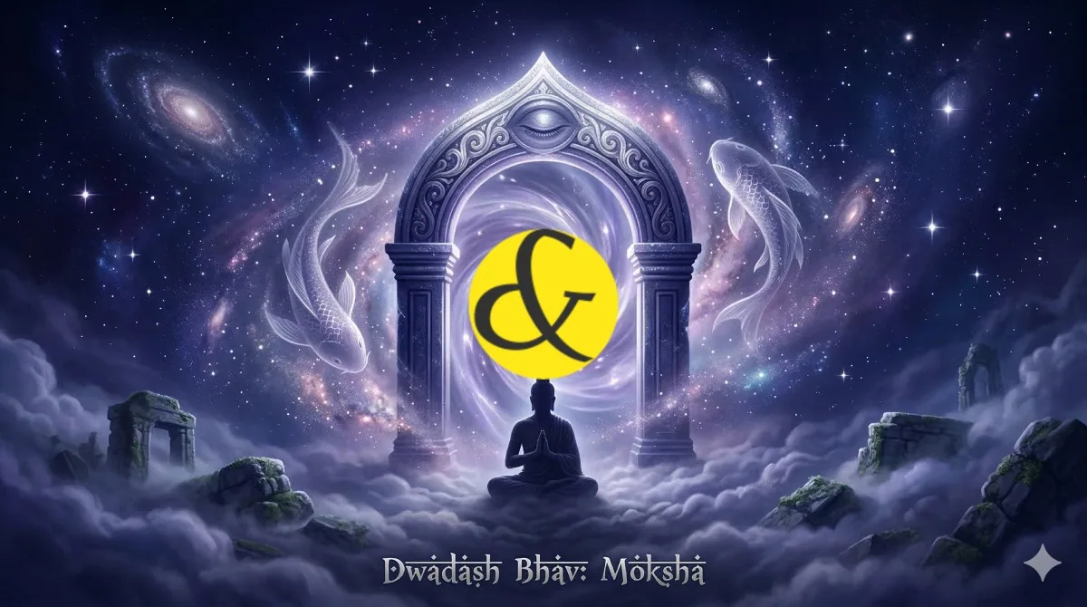 Mystical astrological illustration of the 12th house in Kundali representing Moksha, sleep, expenses, and foreign travel.