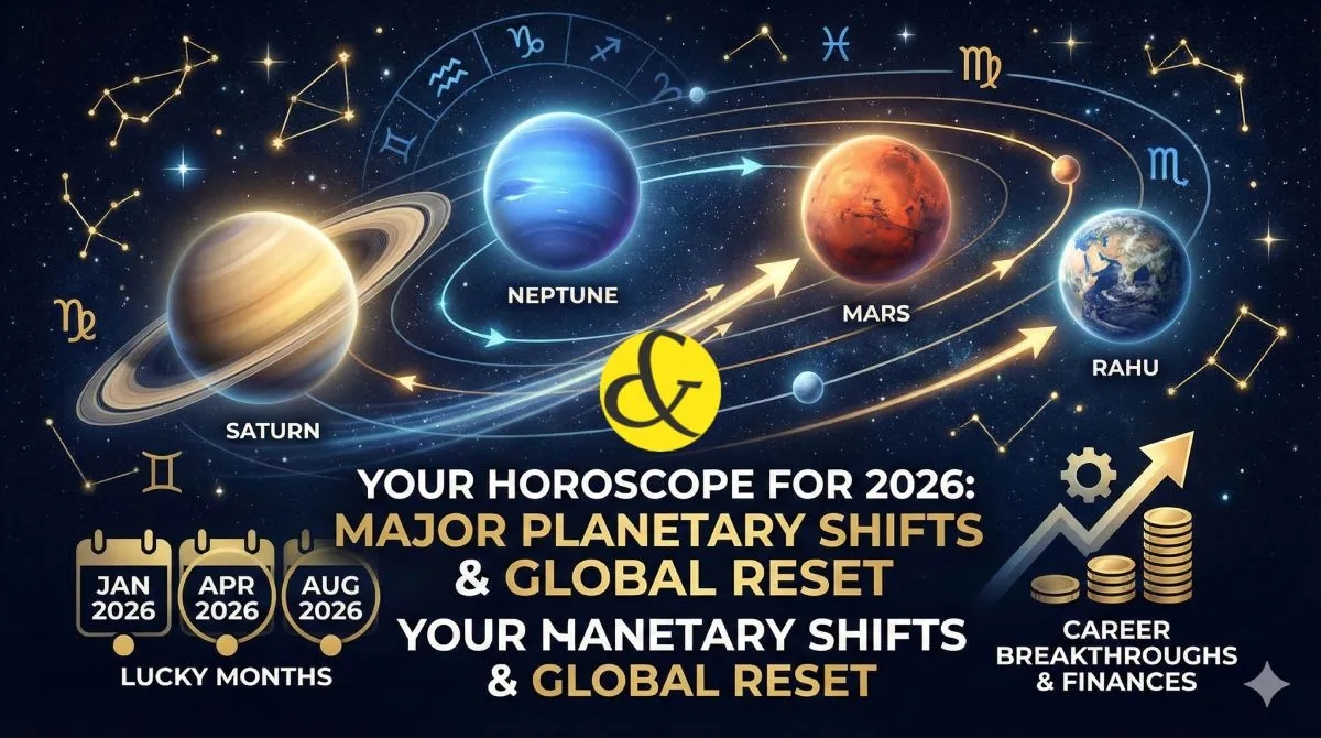 A visual timeline of 2026 showing Saturn and Neptune merging in Pisces and Mars moving fast in Capricorn, symbolizing a global economic reset.