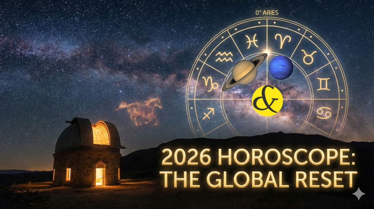 An astrological chart for 2026 displaying the convergence of Saturn and Neptune at the starting point of the Zodiac (0 degrees Aries), symbolizing a new era.