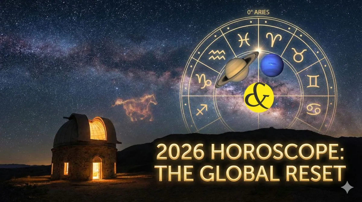 An astrological chart for 2026 displaying the convergence of Saturn and Neptune at the starting point of the Zodiac (0 degrees Aries), symbolizing a new era.