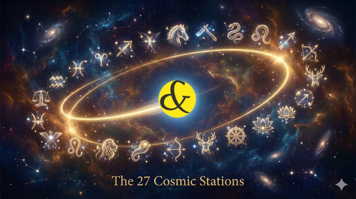 The wheel of 27 Nakshatras with their symbols and ruling planets.