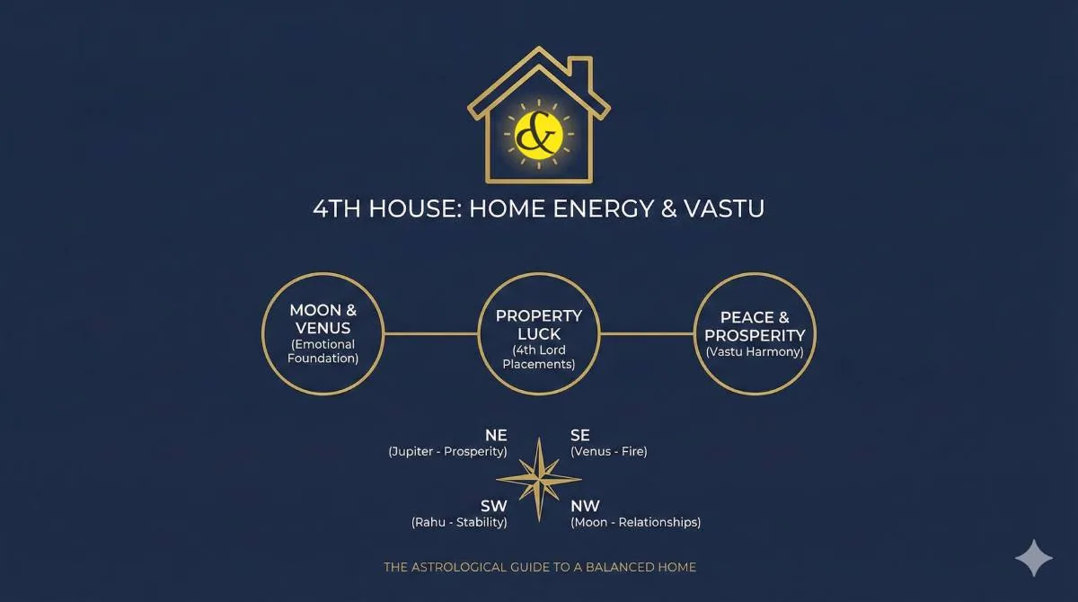 A chart showing the 8 Vastu directions (North, South, East, West, etc.) and their corresponding ruling planets (Mercury, Mars, Sun, Saturn) for astrological home alignment.