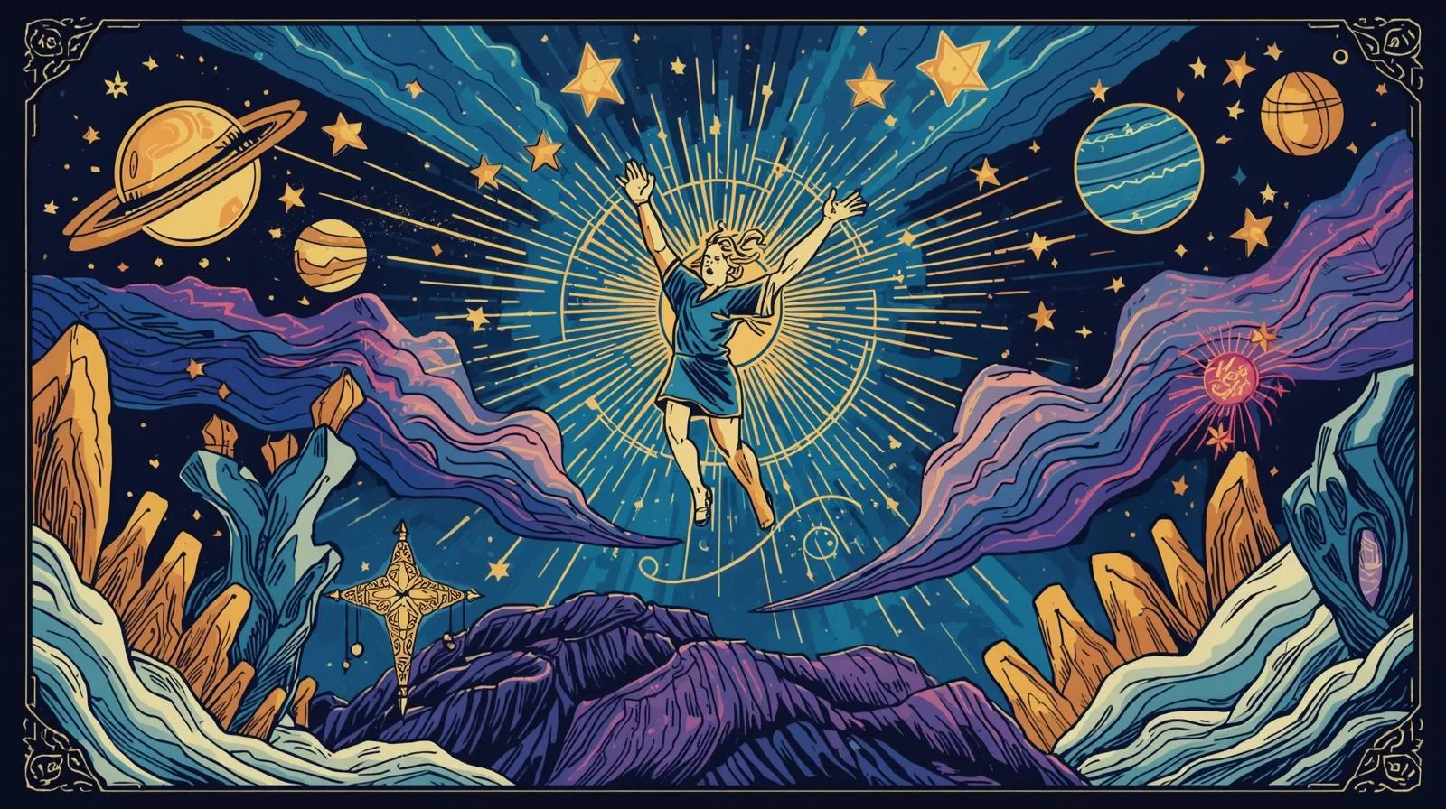 A serene illustration of a person selecting clothes and gemstones under a zodiac wheel, symbolizing daily astrological predictions and remedies inspired by Vedic astrology