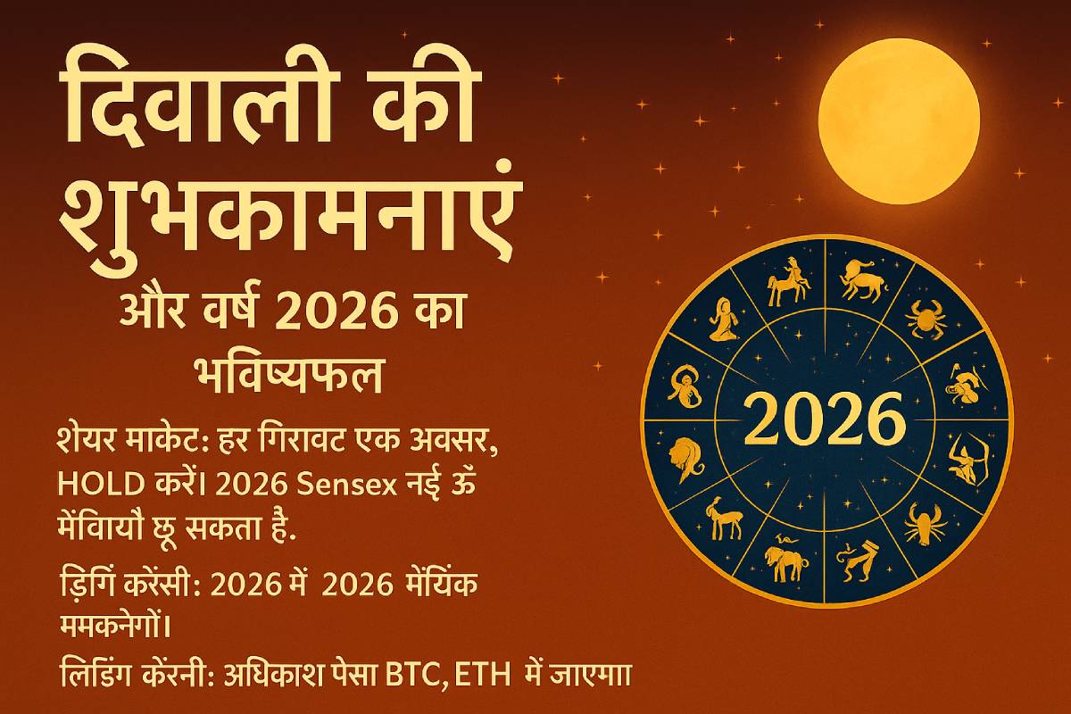 A festive illustration showing glowing diyas, zodiac symbols, and a cosmic calendar for 2026 — symbolizing Diwali blessings and astrological forecasts for prosperity.