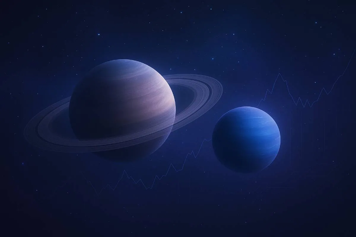 Saturn and Neptune planetary conjunction February 2026 – cosmic alignment symbolising market and technological transformation