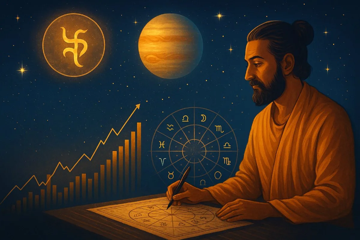 An artistic illustration showing an astrologer analyzing a birth chart with planetary symbols like Rahu and Jupiter glowing above stock market graphs, symbolizing destiny, timing, and cosmic wealth flow.
