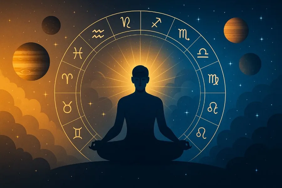 A serene digital illustration showing a person meditating under a glowing zodiac wheel, with light and shadow energies symbolizing good and bad karma, surrounded by planets representing destiny and cosmic balance.