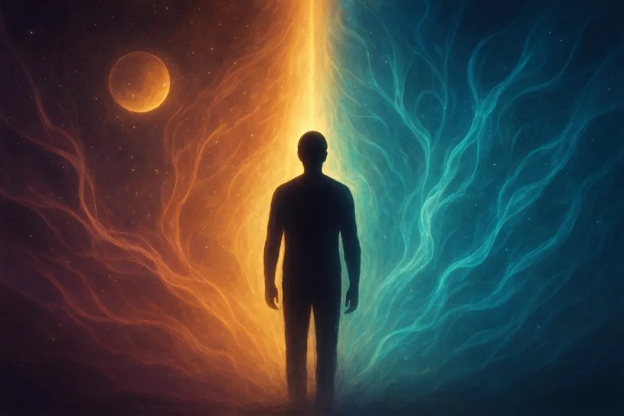 A surreal digital illustration showing a person standing before glowing elevator doors, cosmic symbols, and planetary lights merging with everyday reality — symbolizing mysterious coincidences, unseen energies, and astrological influences behind unpredict