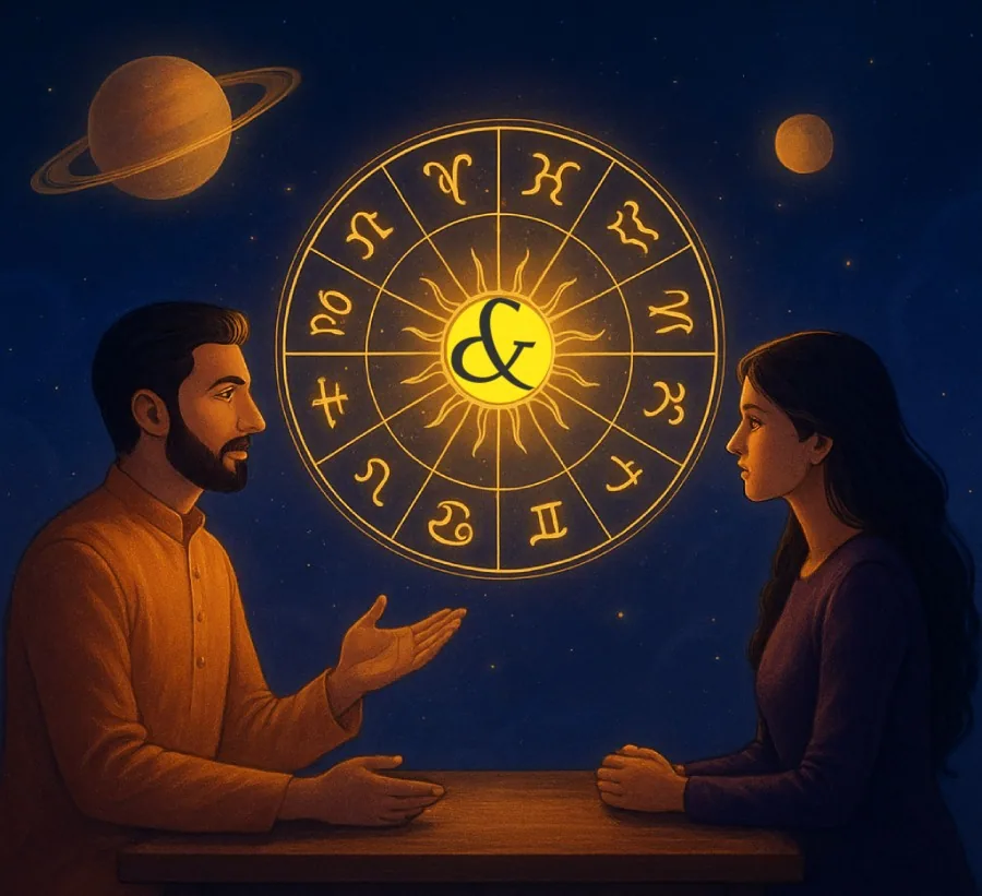 A digital illustration depicting cosmic connection between an astrologer and a seeker under celestial lights.