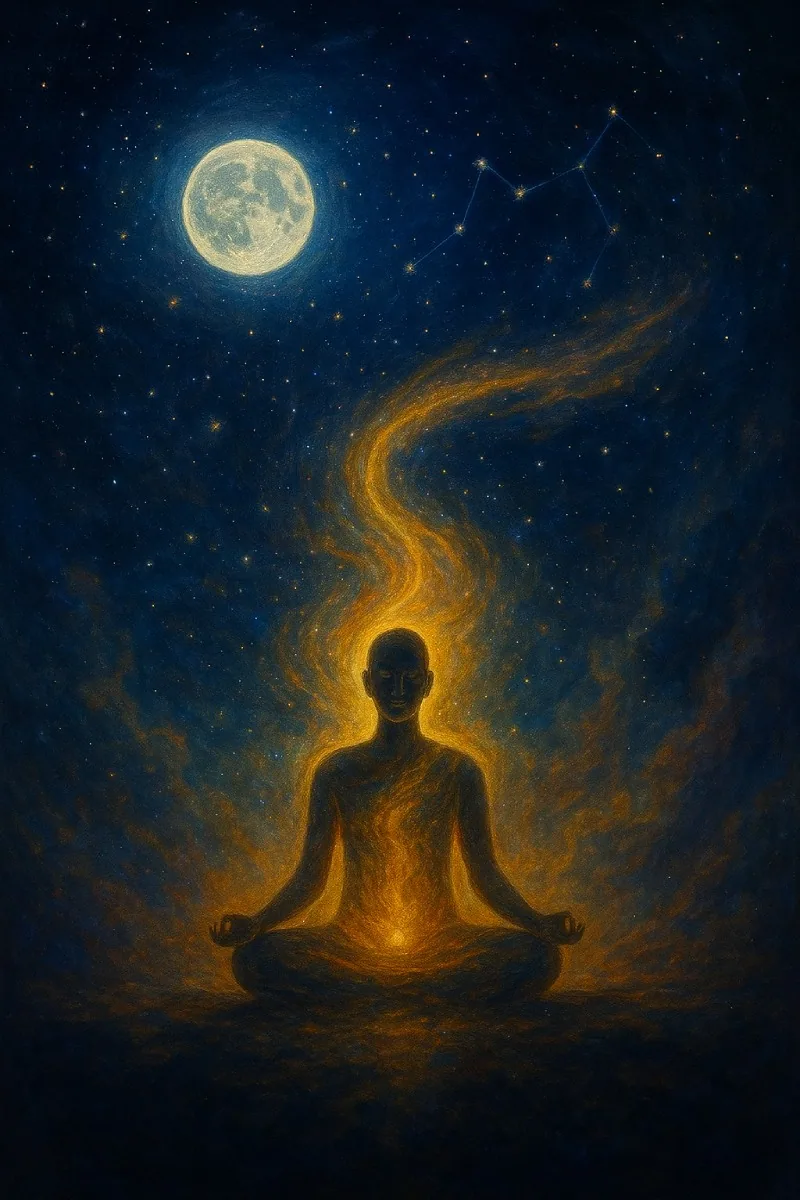 A serene celestial illustration depicting energy and light flowing from the cosmos toward a meditating person, symbolizing abundance and manifestation through divine vibration.